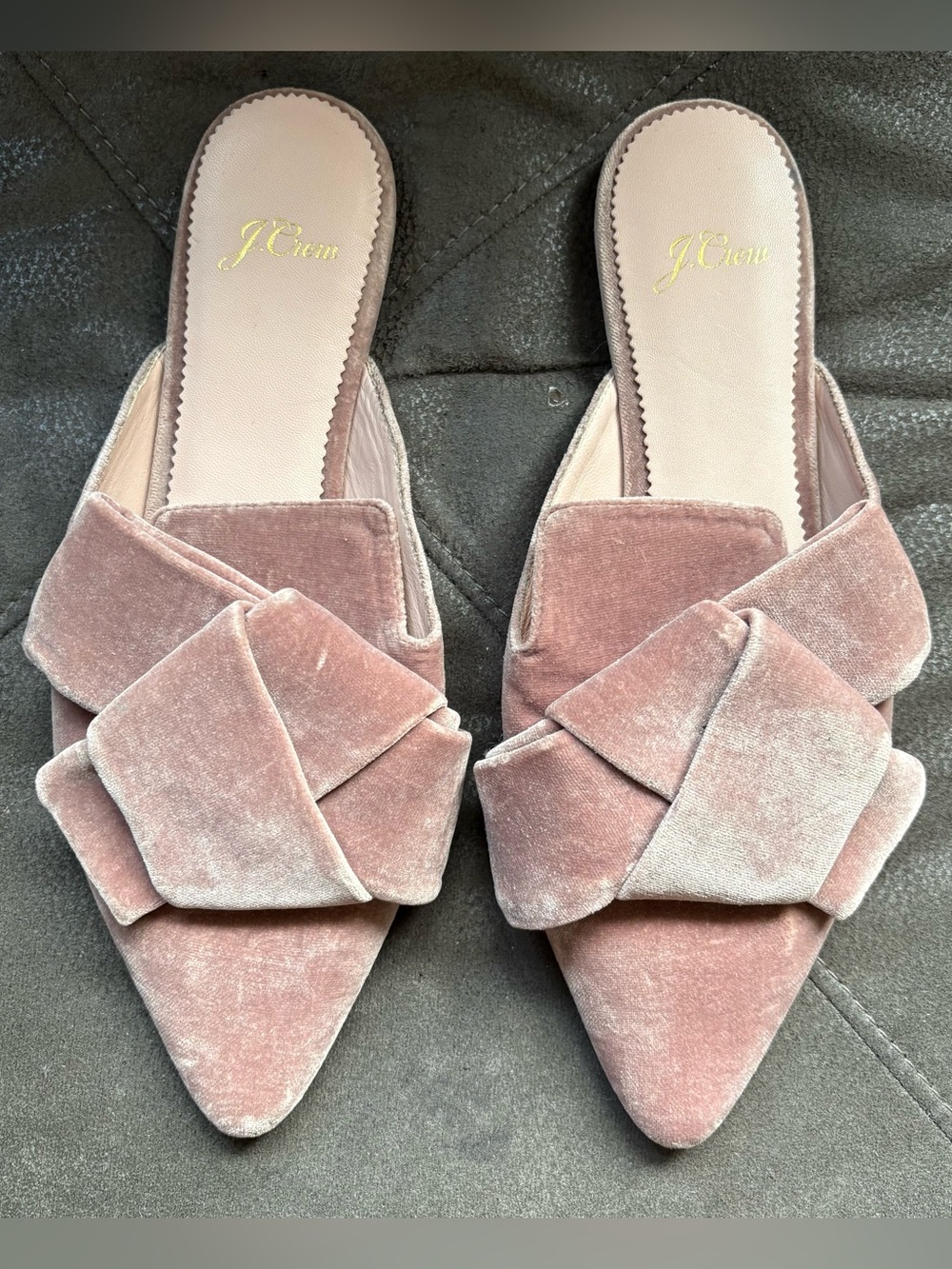 J. Crew Dusty Rose Velvet Knotted Pointy Toe Mules Slip On Flats Ballet Leather